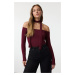 Trendyol Claret Red Corduroy Carmen Collar Shawl Detailed Fitted/Fits Crop Flexible Knitted Blou