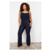 Trendyol Curve Navy Blue Bell-bottom Stylish Buttoned Woven Gathering Plus Size Fabric Trousers