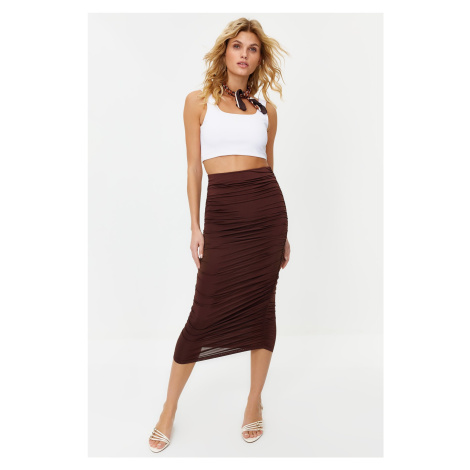 Trendyol Brown Gathered Body-Fitting Elastic Waist Lined Maxi Flexible Knitted Pencil Skirt