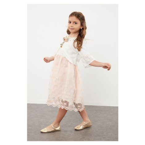 Trendyol Girl's Pink Bolero Floral Appliqued Stone Detailed Woven Set Dress