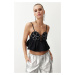 Trendyol Black Crop Floral Embroidered Woven Blouse