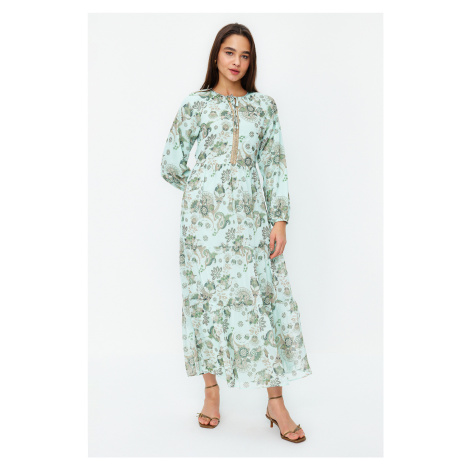 Trendyol Green Gold Brode Detailed Woven Lined Chiffon Floral Dress