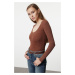 Trendyol Brown Vintage/Faded Effect Ribbed Pool Neck Fitted Cotton Knitted Blouse