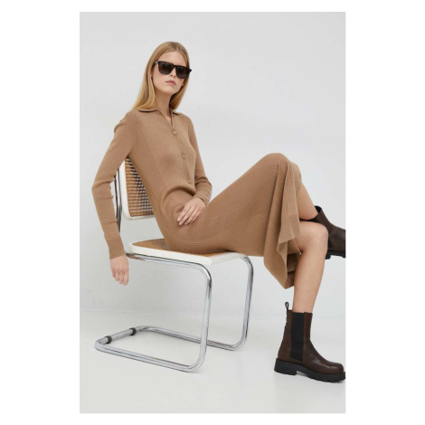 Šaty s prímesou vlny Calvin Klein béžová farba, maxi, priliehavá
