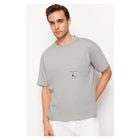 Trendyol Gray Relaxed/Casual Fit Pocket Embroidered 100% Cotton T-Shirt