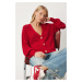 Happiness İstanbul Women's Red V-Neck Buttoned Knitwear Cardigan