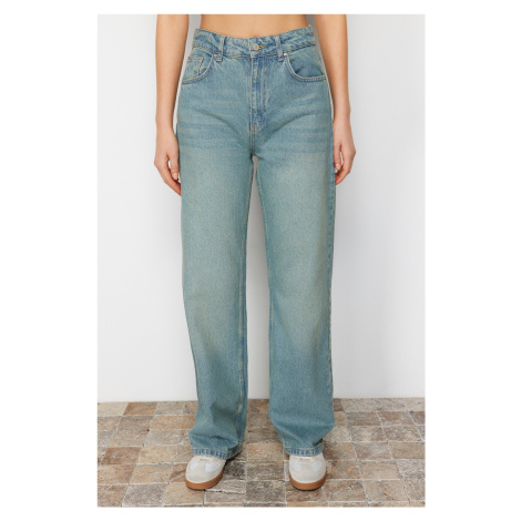 Trendyol Blue Pale Effect vintage džínsy so širokými nohavicami s vysokým pásom