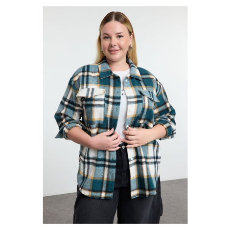 Trendyol Curve Blue Plaid Long Sleeve Winter Woven Plus Size Shirt