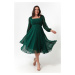 Lafaba dámsky smaragdovo zelený štvorcový výstrih s opaskom midi šifón plus večerné šaty.