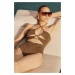 Trendyol X Zeynep Tosun Brown Knitted Cut Out/Window Accessory Detailed Shiny Swimsuit