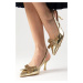 Mio Gusto Sheila Gold-tone Women's Evening Dress with Stones and Bow Accessory Open Back Heels.