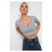 Trendyol Gray Melange Pool Neck Baby Overlock Detail Crop Ribbed Elastic Knitted Blouse