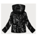 Lesklá čierna dámska bunda s kapucňou (B9575)