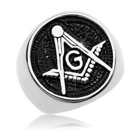 Prsteň z chirurgickej ocele, symbol slobodomurárov v patinovanom kruhu - Veľkosť: 68 mm