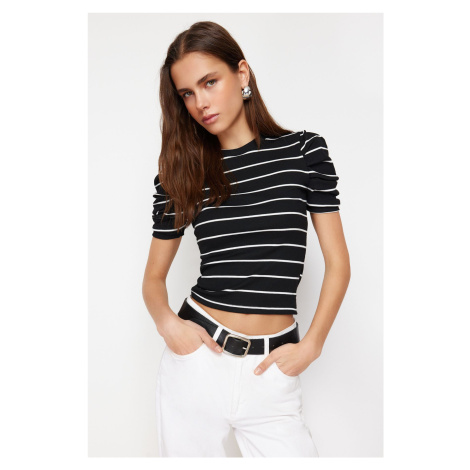 Trendyol Black Striped Fitted Balloon Sleeve Ribbed Stretchy Knitted Blouse