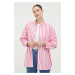 Bavlnená košeľa Tommy Hilfiger dámska, ružová farba, voľný strih, s klasickým golierom