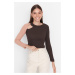 Trendyol Brown Color Block Cut Out Detailed Fitted/Skinned Ribbed Stretch Knit Blouse