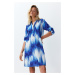 Trendyol Blue Abstract Patterned Belted Midi Woven 100% Cotton Beach Dress with Ribbon Accessori