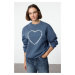 Trendyol Indigo Oversize/Wide Pattern Back Printed Thick Inside Polar Fleece Knitted Sweatshirt