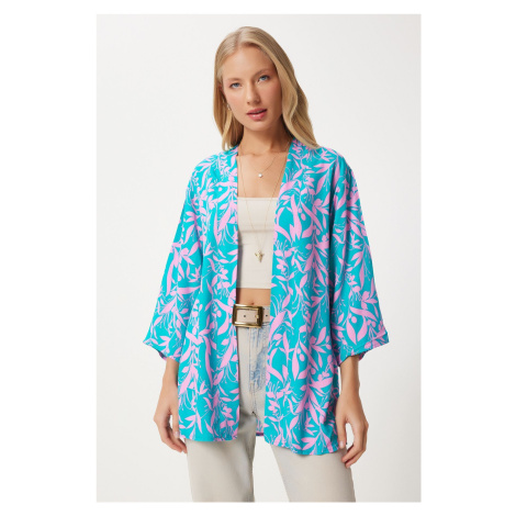 Happiness İstanbul Women's Pink Sky Blue Patterned Viscose Kimono