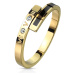 Oceľový prsteň v zlatej farbe - čierny pásik, dva číre zirkóniky, rímske číslice, 2 mm - Veľkosť