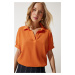 Happiness İstanbul Women's Orange Polo Neck Knitted Crinkle Blouse