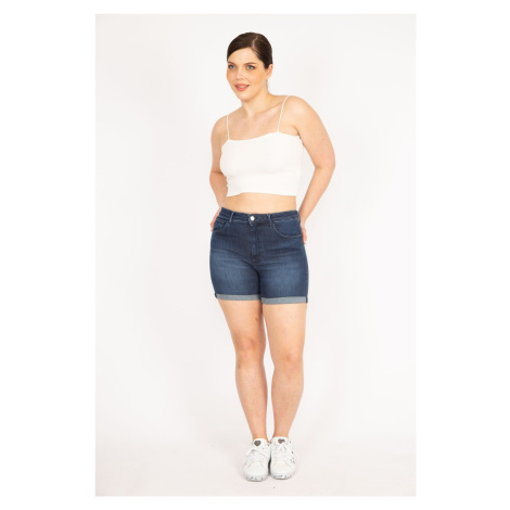 Şans Women's Navy Blue Plus Size 5 Pocket Skinny Denim Shorts