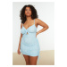 Trendyol Curve Blue Knitted Cut-Out and Gather Detailed Floral Patterned Summer Knitted Dress