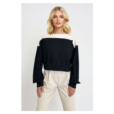 Trend Alaçatı Stili Women's Black Ecru Boat Neck Color Block Sleeves and Elastic Waist Crop Blou