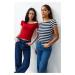 Trendyol Pack of 2 Navy Blue Striped-Red Plain Carmen Collar Crop Stretchy Knitted Blouse