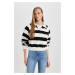 DEFACTO Crop Polo Neck Striped Thick Fabric Sweatshirt