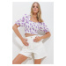 Trend Alaçatı Stili Women's Lilac-White Square Neck Watermelon Sleeve Gimped Crop Linen Blouse
