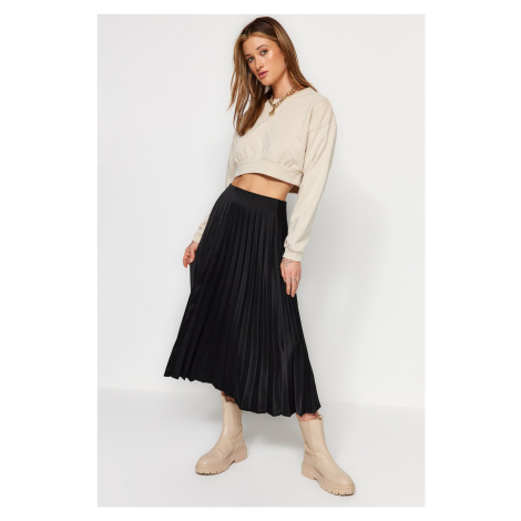 Trendyol Black Pleat Detailed Satin Fabric Midi Length Woven Skirt