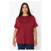 Trendyol Curve Claret Red Crew Neck Printed Plus Size Knitted Tshirt