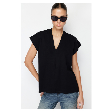 Trendyol Black 100% Cotton V-neck Moon Sleeve Knitted T-Shirt