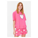 Trendyol Pink 100% Cotton Heart Pattern Ruffle Detail T-Shirt-Short Knitted Pajamas Set