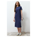 Trendyol Navy Blue Knitwear Band Detailed Crew Neck Short Sleeve Flexible Midi Knitted Maxi Dres