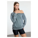 Trendyol Anthracite Washed Oversize/Wide Fit Asymmetrical Collar Thick Knitted Sweatshirt