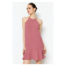 Trendyol ružová mini tkaná sukňa rovného strihu volánové tkané šaty