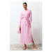 Trendyol Pink Judge Collar Belted Plain Woven Shirt Dress