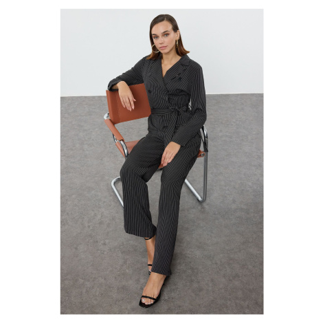 Trendyol Black Belted Striped Jacket Collar Long Jumpsuit