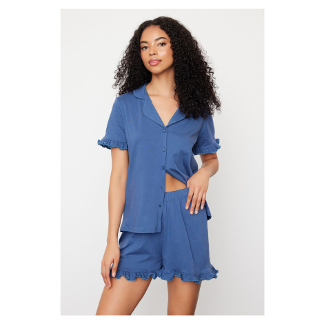 Trendyol Indigo 100% Cotton Ruffle Detailed Knitted Pajama Set