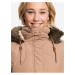 Svetlohnedá dámska predĺžená prešívaná zimná bunda s kapucou a kožúškom Roxy Ellie