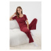 Trendyol Claret Red Cotton Baby Overlock and Ribbon/Bow Detailed Ribbed Knitted Pajama Set