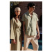 Trendyol Khaki Waist Tie Detail Linen Look Woven Kimono & Kaftan