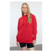 Trendyol Red Thick Polar Fleece Oversize/Wide Pattern Pocket Detailed Hooded Knitted Sweatshirt