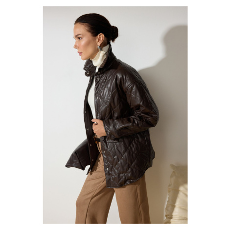 Trendyol Dark Brown Regular Fit Faux Leather Shacket Quilted Jacket Coat