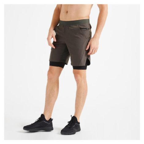 Pánske šortky 2 v 1 na fitness kaki DOMYOS