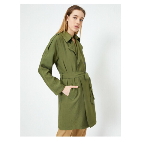 Koton Women's Green Pocketed Trench Coat with Belted Waist