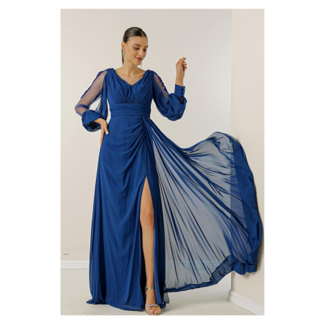 By Saygı V-Neck Front Draped Lined Sleeves Tulle Guipure Detailed Wide Size Chiffon Long Dress